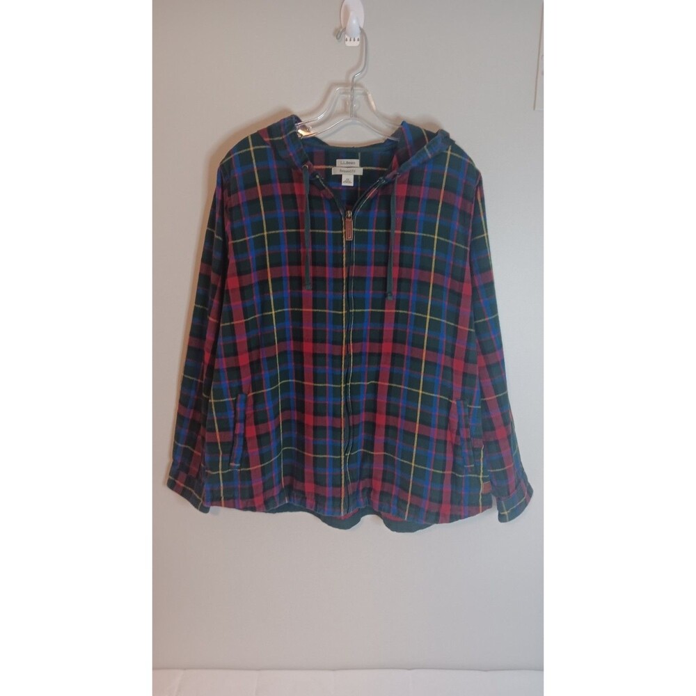 LL Bean Women's Scotch Plaid Flannel Shirt, Relaxed Zip Hoodie Blue Red Sz 1X